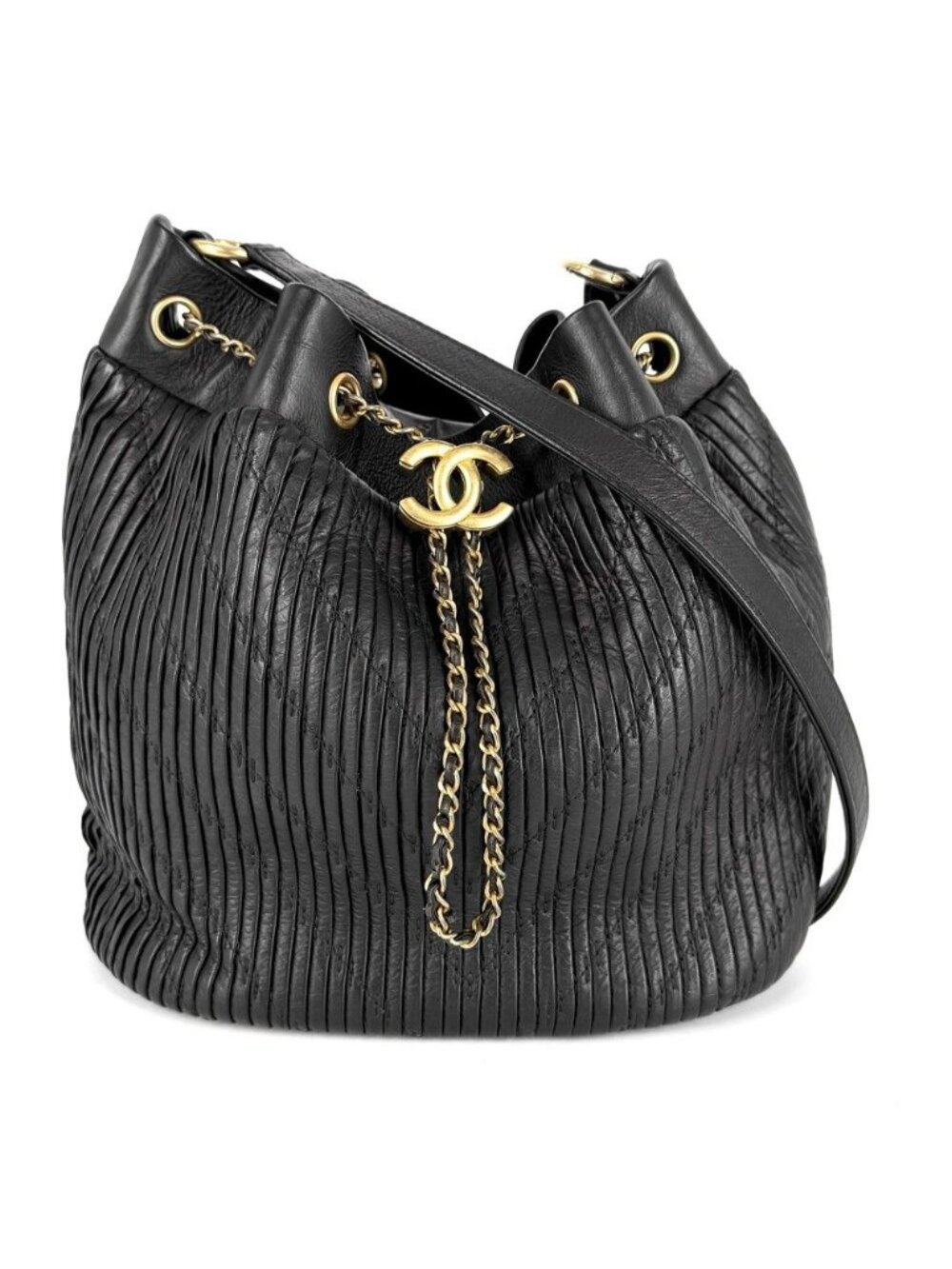 Chanel Shoulder Bag CC Logo Stitch Drawstring Crossbody Lambskin Black Gold